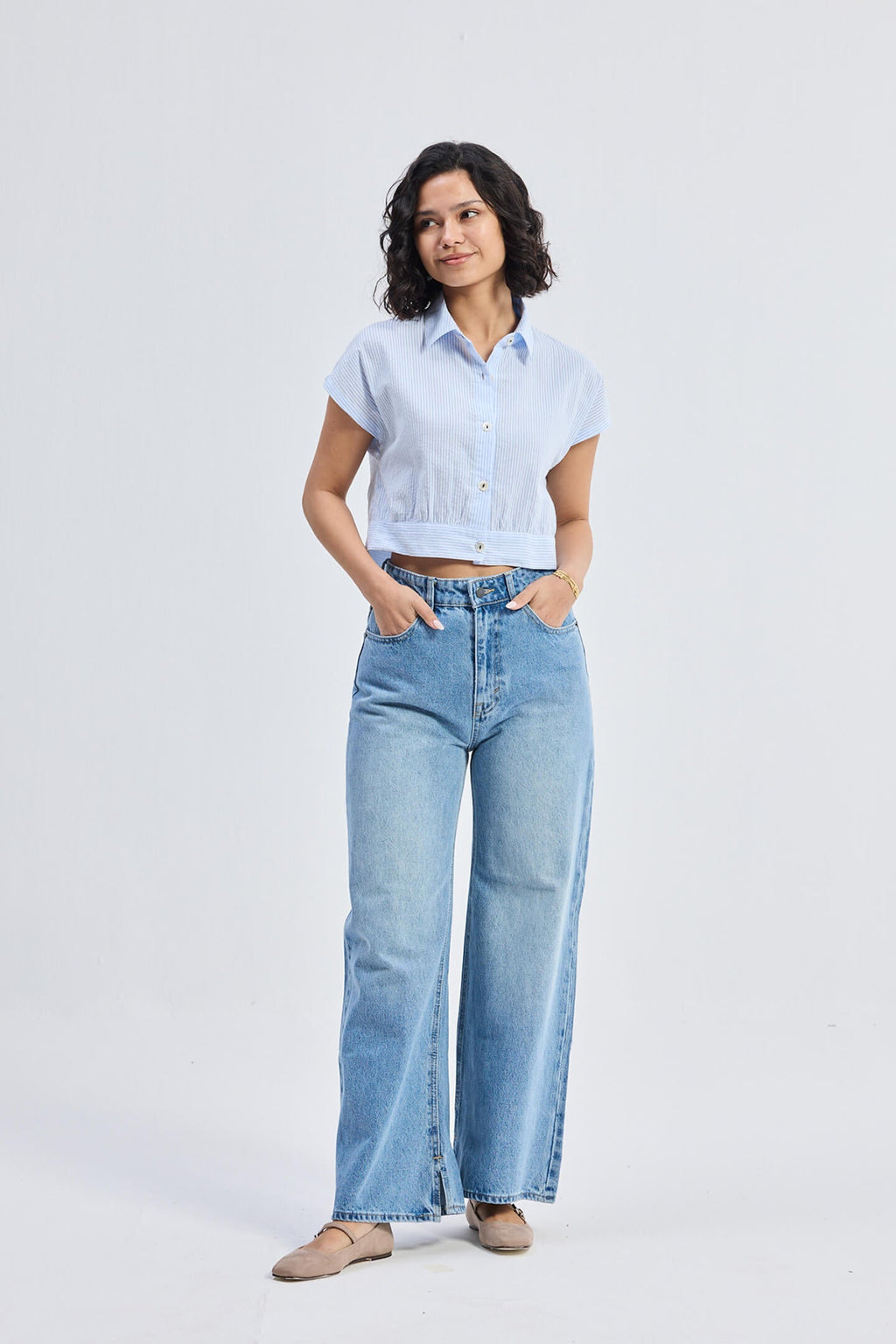 Oversized Crop Shirt in Classic Stripes