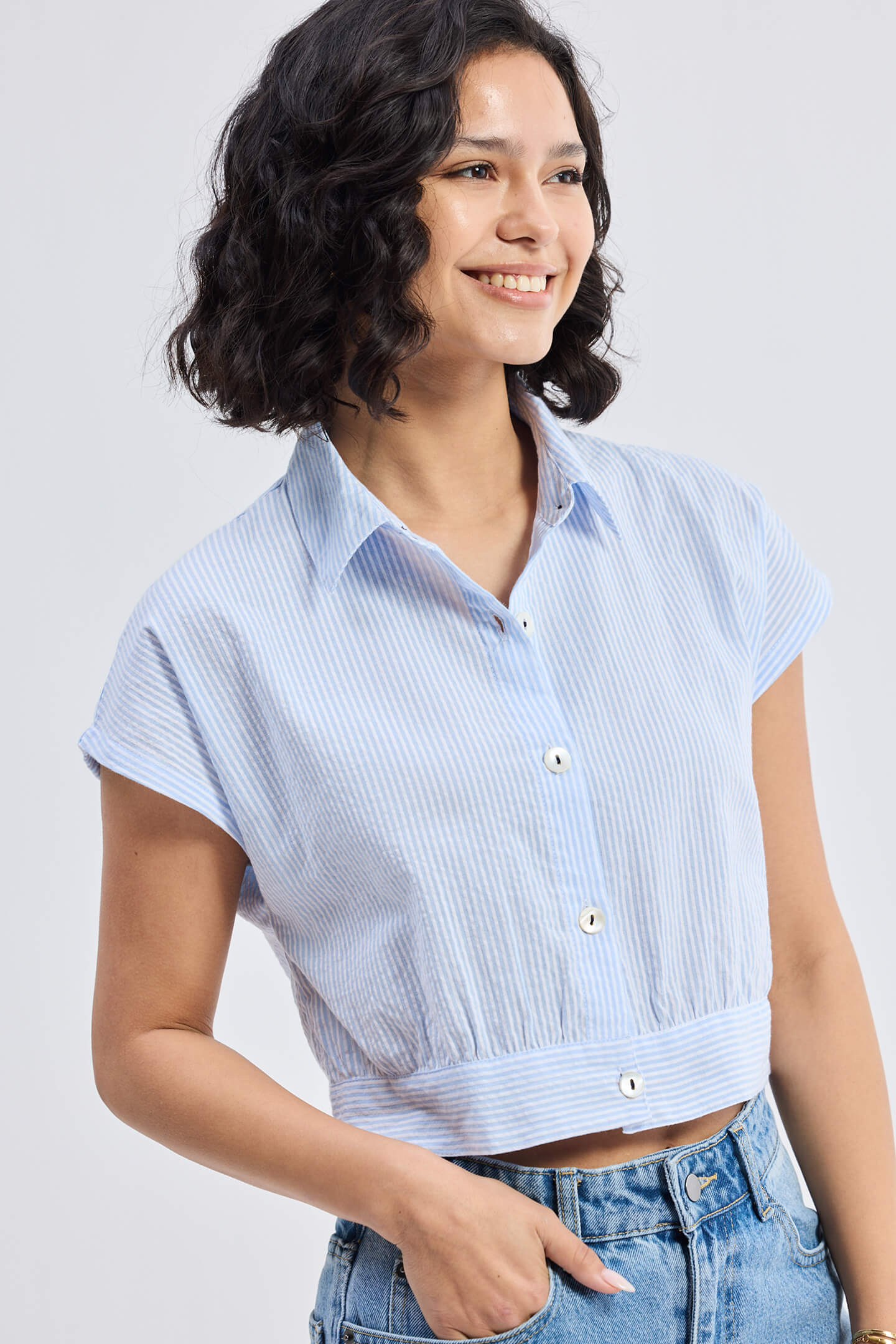 Oversized Crop Shirt in Classic Stripes